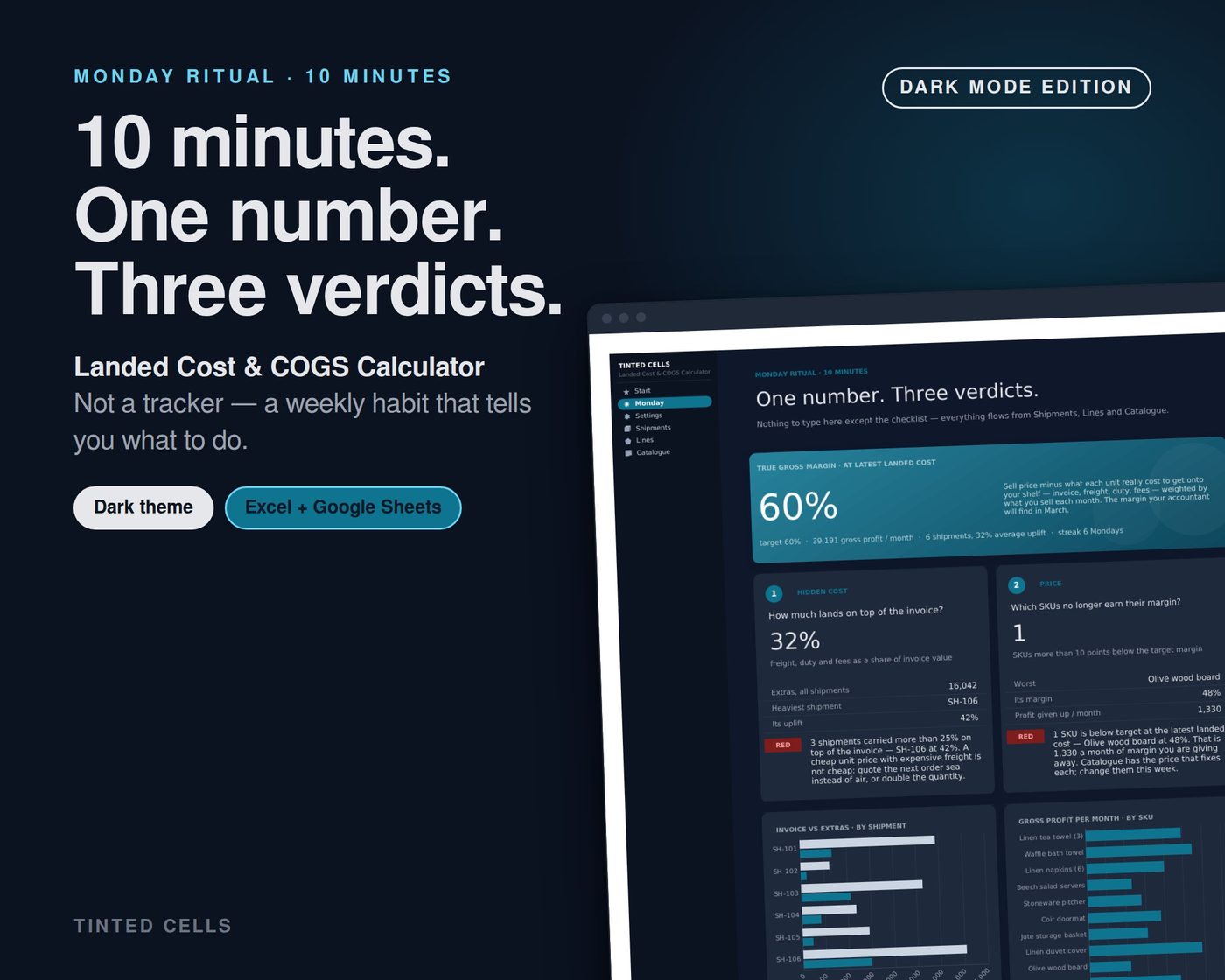 Landed Cost & COGS Calculator — dark edition